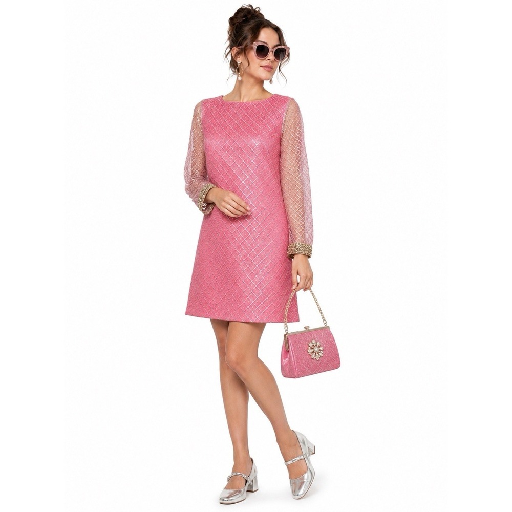 Vintage 60s Pink Silver Lurex‎ Lace Shift Dress Sheer Sleeve Beaded Mod Bow M